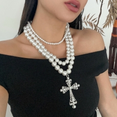 Conjunto De Pulsera De Collar De Perlas Multicapa Con Cruz Hueca Mayorista
