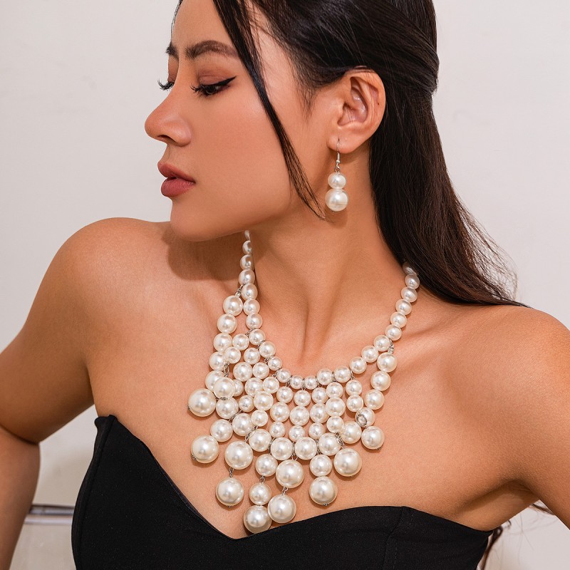 Conjunto De Pendientes De Collar De Borla Multicapa De Perlas Mayorista