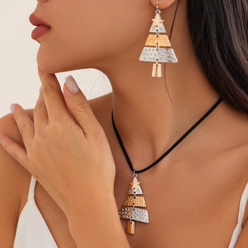 Juego De Pendientes De Collar De árbol De Navidad Tridimensional De Metal Mayorista