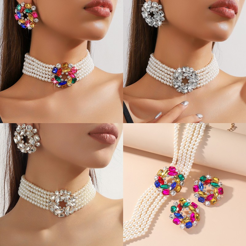 Juego De Pendientes De Collar De Diamantes De Color Perla Multicapa Mayorista