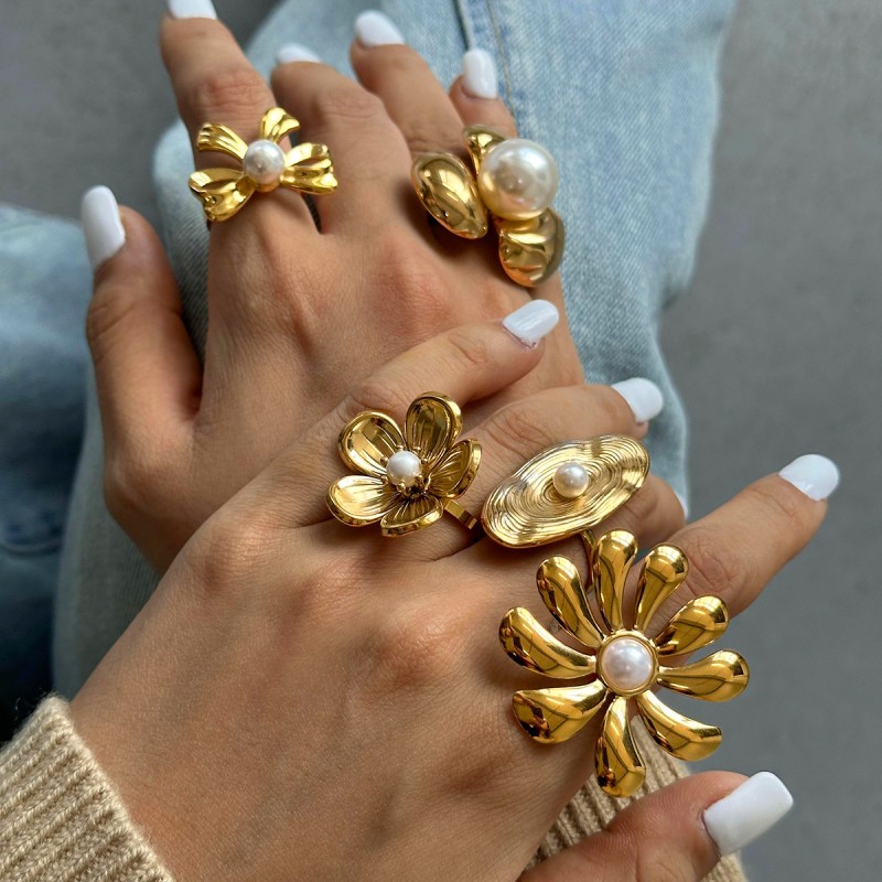 Anillo De Perlas De Flores De Acero Inoxidable Al Por Mayor