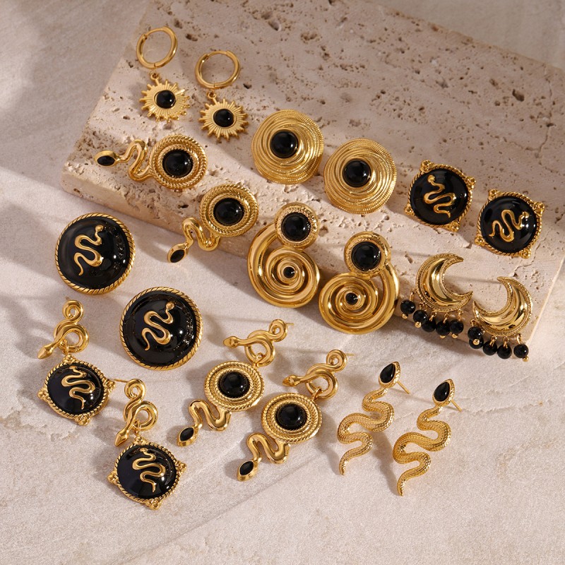 Aretes De Serpiente De ágata Negra De Acero Inoxidable Al Por Mayor