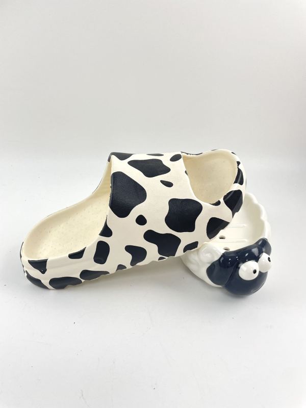 Black and White Cow Pattern Yeezy Style Slide Cow Slipper with Thick and Soft Sole For Men and Women