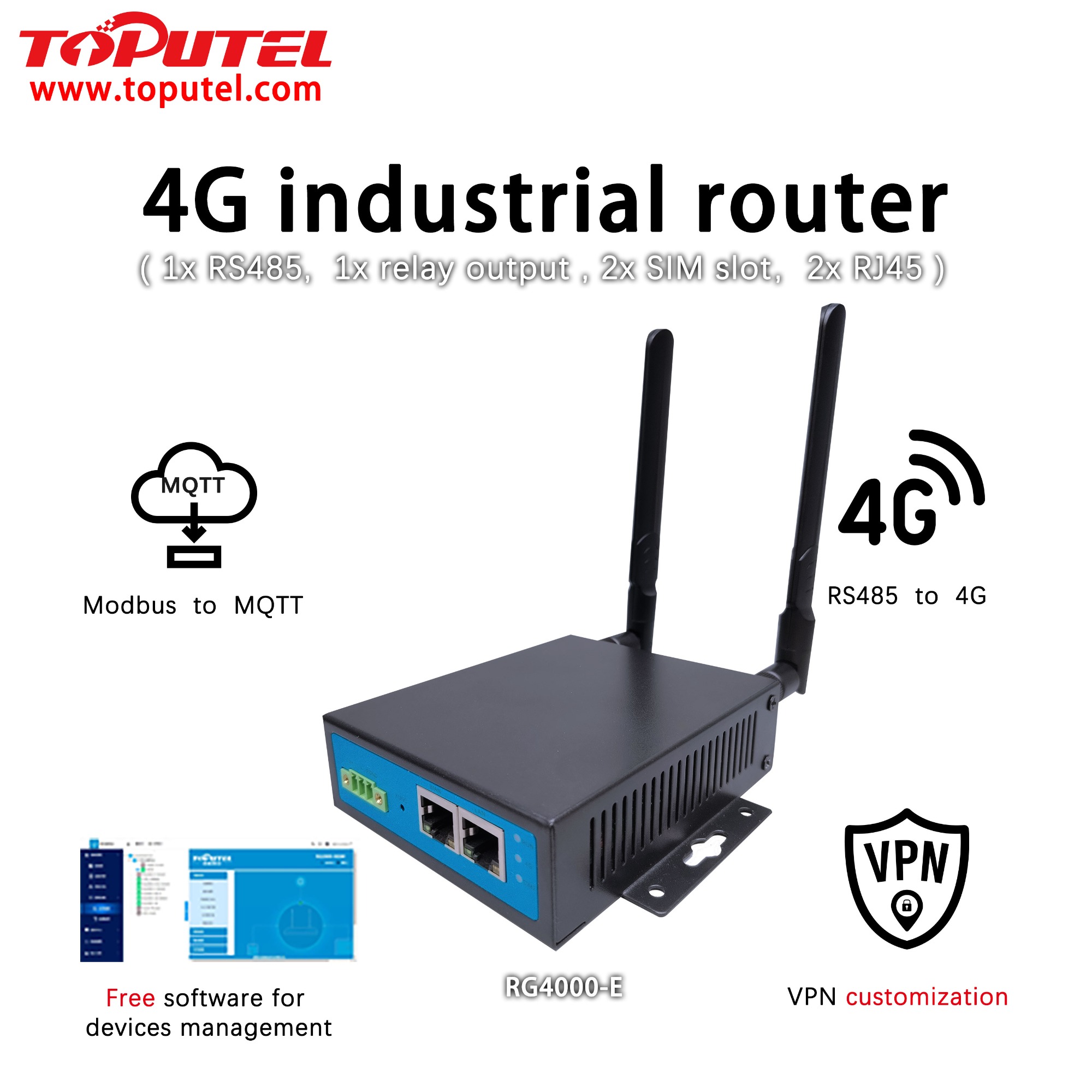 VPN customization Free software for devices management Modbus to MQTT, RS485 to 4G industrial router  RG4000-E 