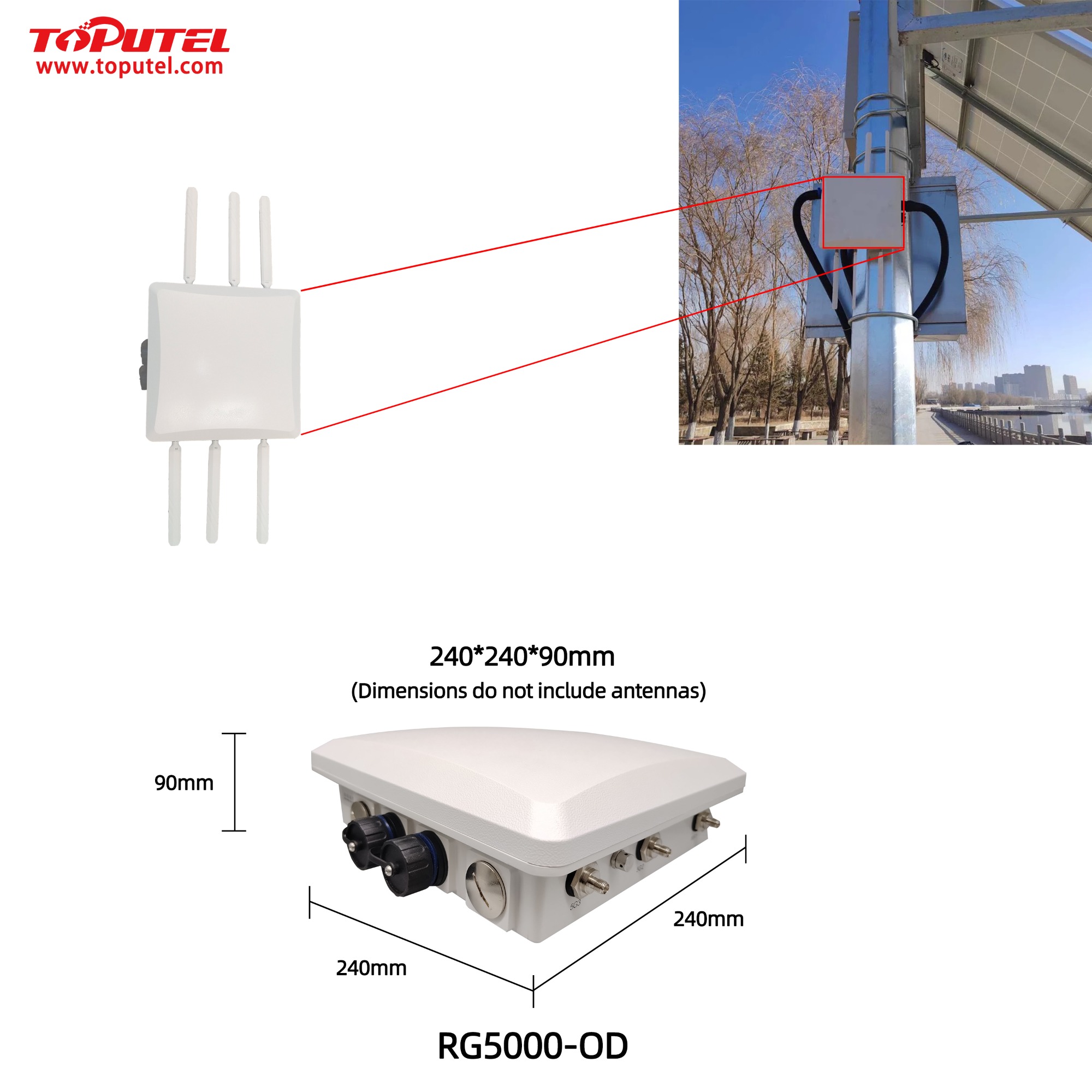 Router device size, placed on light-pole for video surveillance + solar data collection  - 5G Industrial Router RG5000-OD 