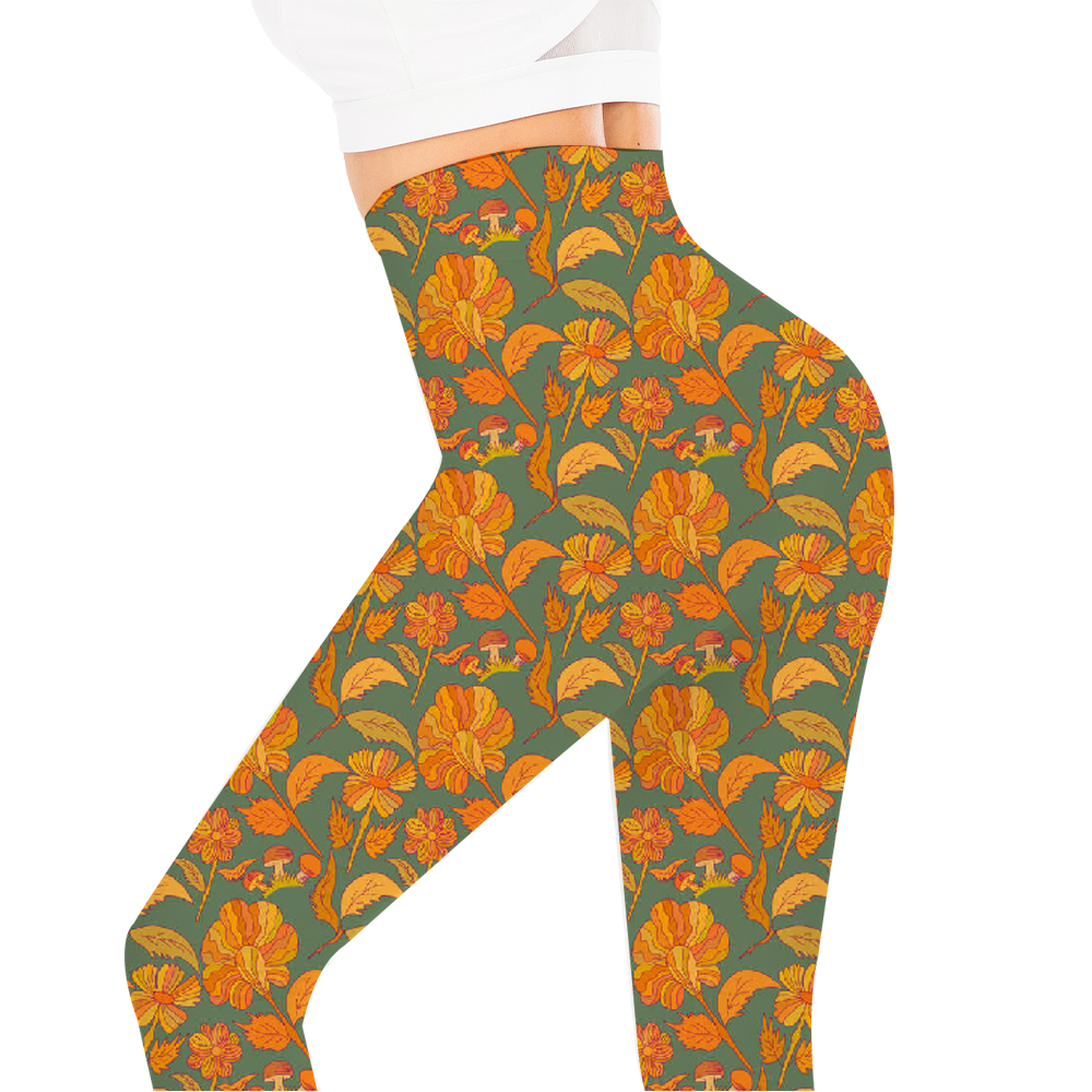 Light green high waist leggings with yellow flowers