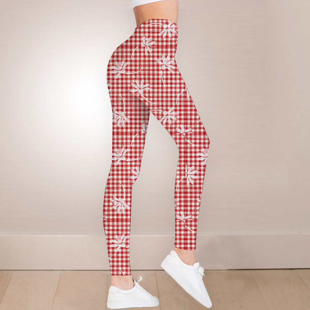 Pink checked floral high waist leggings