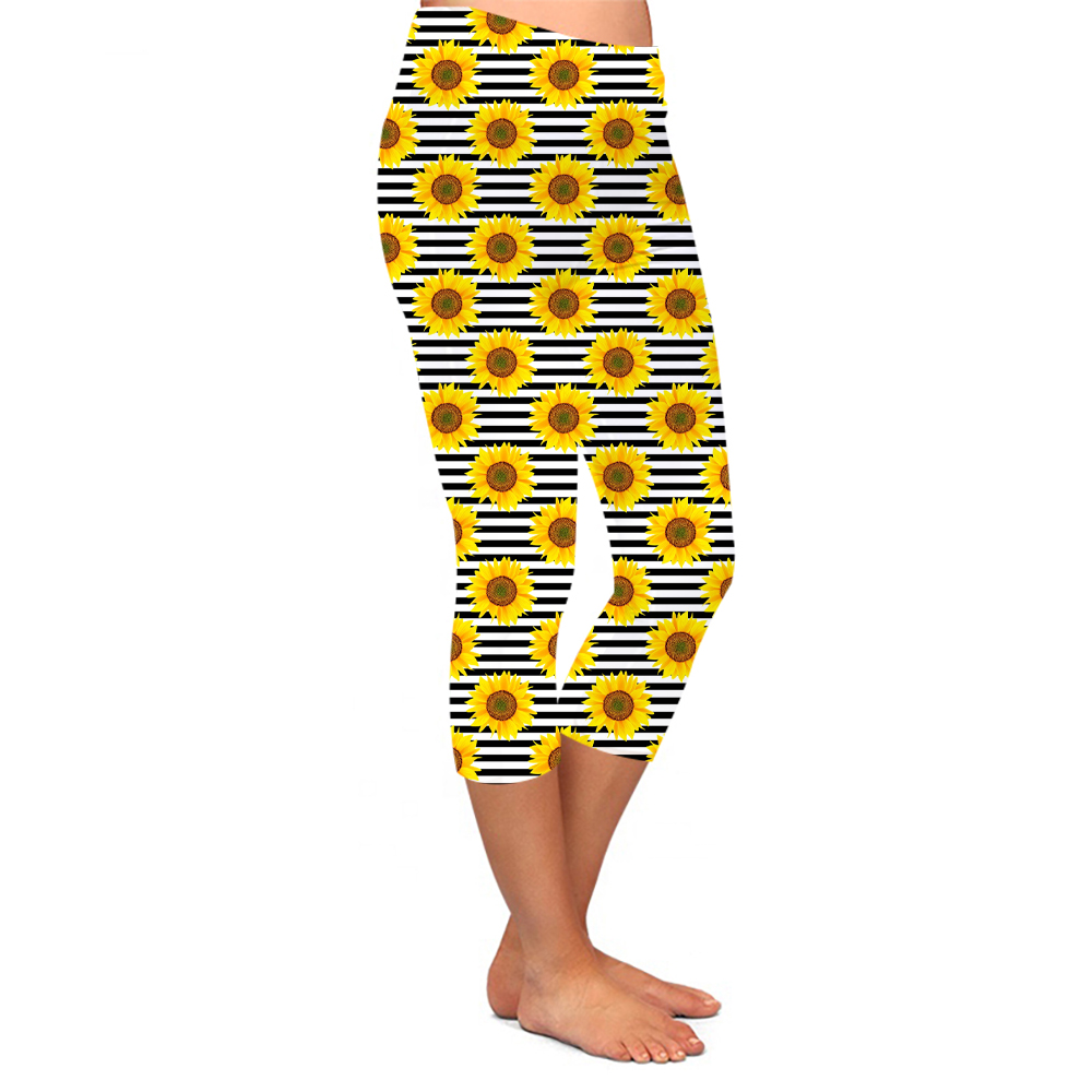 Yellow sunflowers and black stripes capri high waist leggings