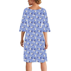 Blue white crane print curie dress