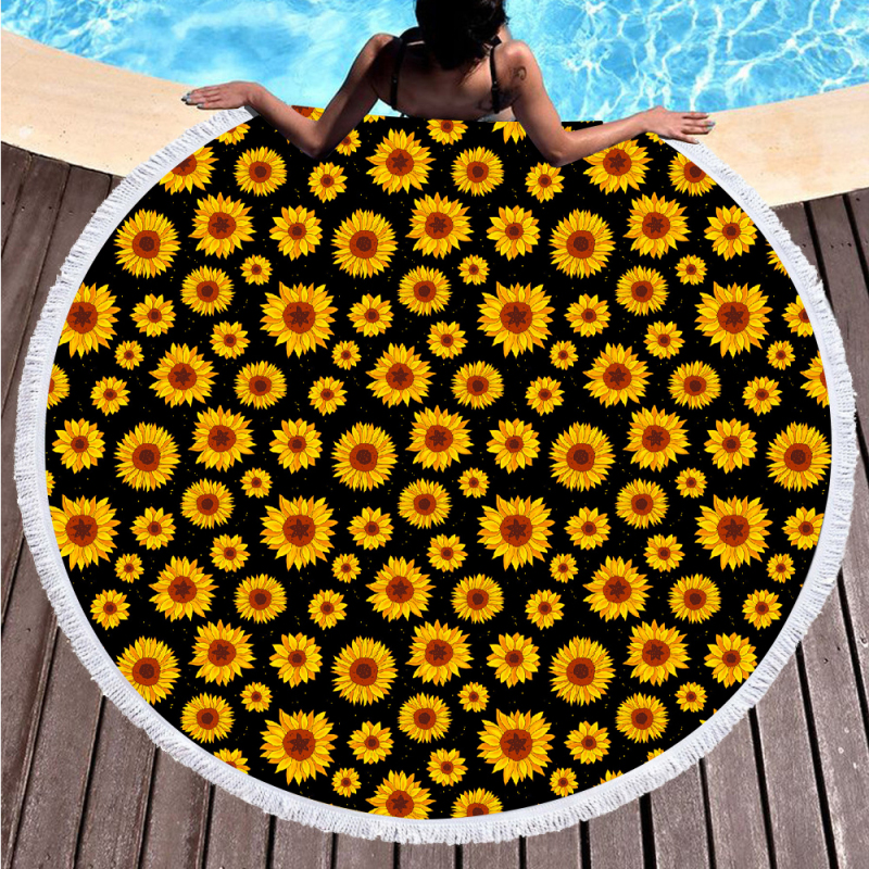 Black sunflower printing round towel