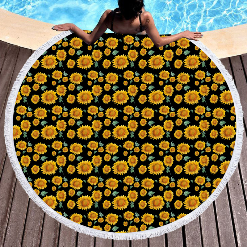 Black sunflower printing round towel