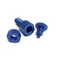CNC machining 6061 aluminum shaped fastener assemblies three pieces anodized blue