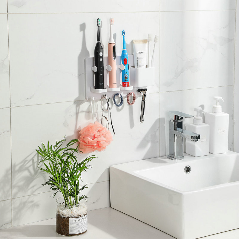 Adhesive Electric Toothbrush Holder Wall Mounted Razor Toothpaste Storage Rack - Pearl White