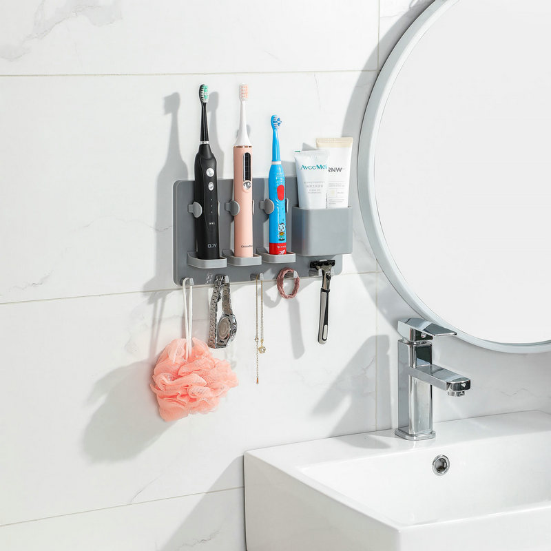 Adhesive Electric Toothbrush Holder Wall Mounted Razor Toothpaste Storage Rack - Senior Grey