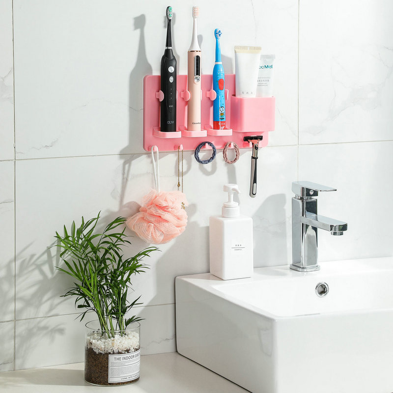 Adhesive Electric Toothbrush Holder Wall Mounted Razor Toothpaste Storage Rack - Lovely Pink