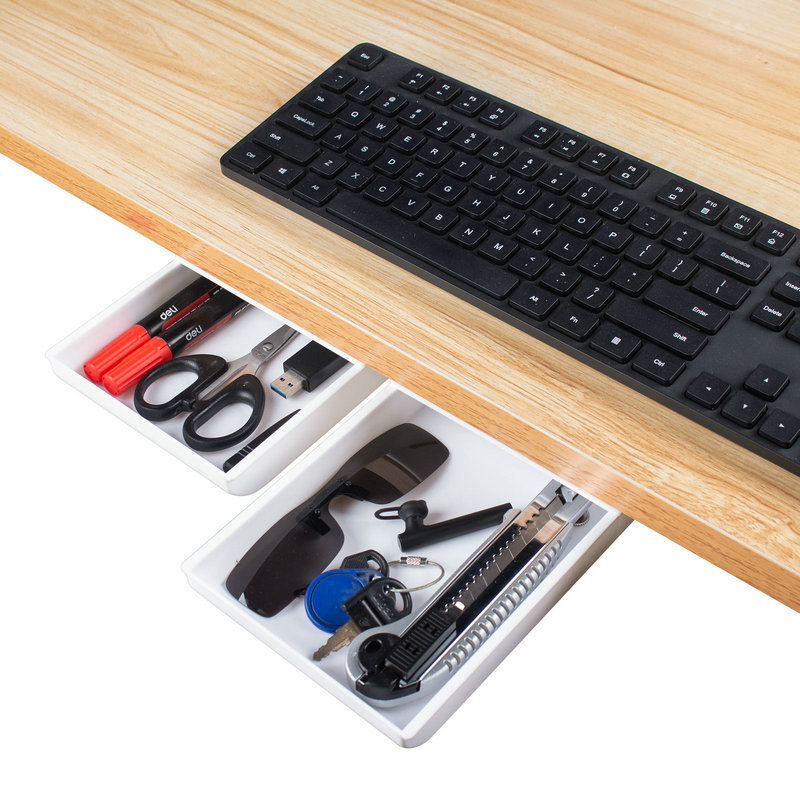 Adheisve Under Table Drawer Desk Organizer Box 2PACK - White