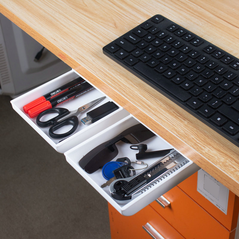 Adheisve Under Table Drawer Desk Organizer Box 2PACK - White