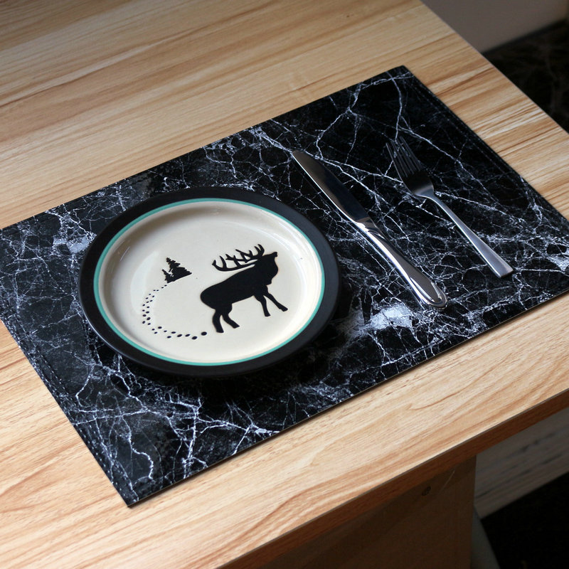 Leather Placemats Marble Pattern Wiping Cleaning Set of 4 - Black