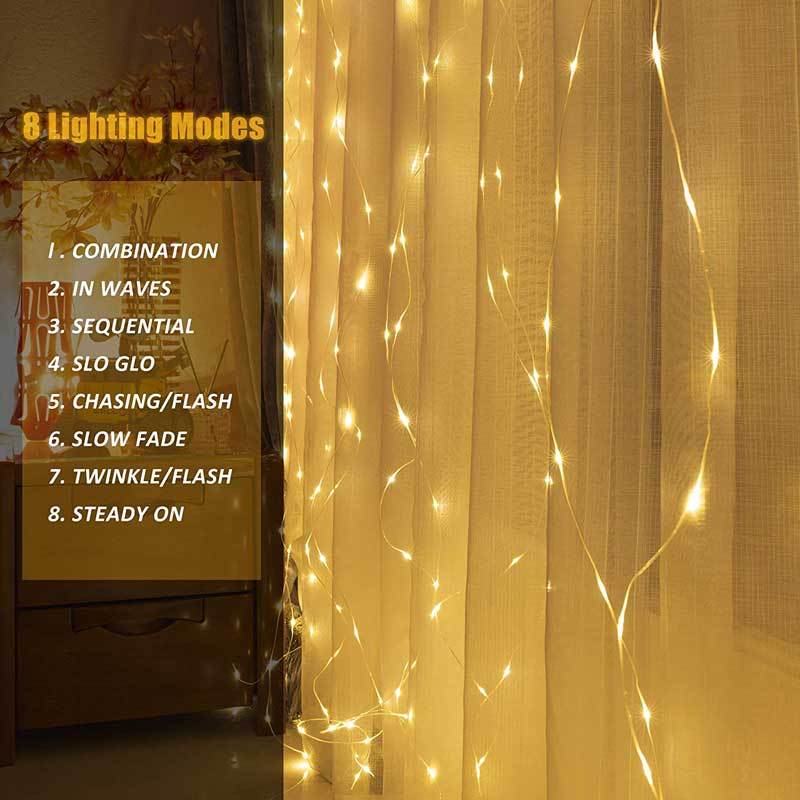 8 Lighting Modes LED Curtain Lights Indoor USB Powered Xmas String Light Remote Control