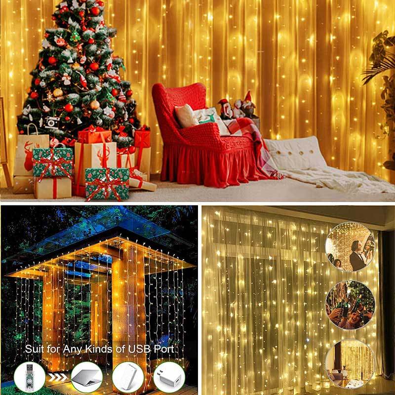 8 Lighting Modes LED Curtain Lights Indoor USB Powered Xmas String Light Remote Control