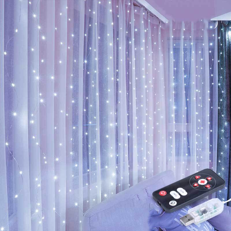 8 Lighting Modes LED Curtain Lights Indoor USB Powered Xmas String Light Remote Control