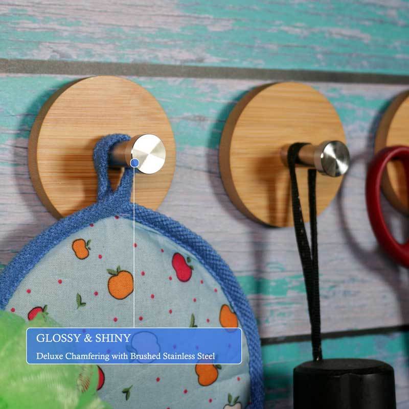 Bamboo Adhesive Hooks Heavy Duty for Coats Towels Bags 4PACK