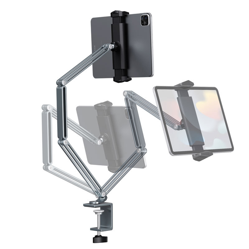 Tablet Desk Clamp Stand Long Arm 720° Swivel Compatible For 4"-13" Devices