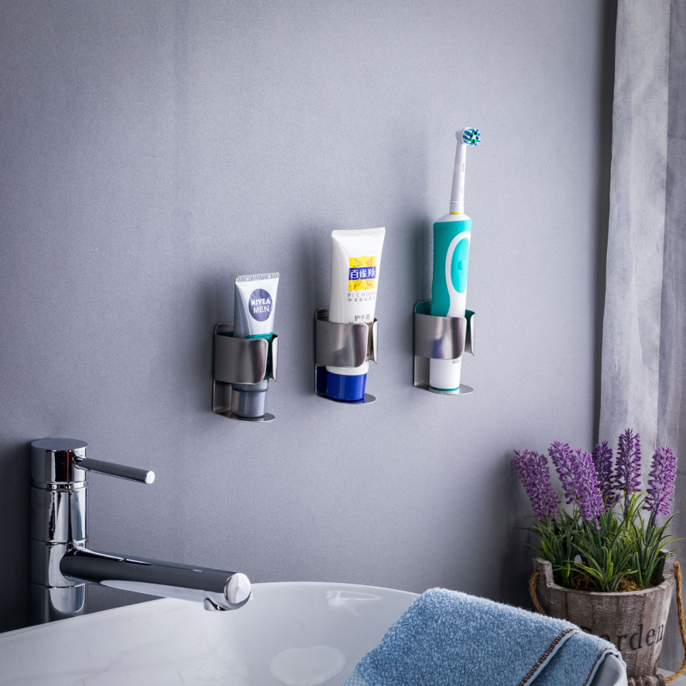 Stainless Steel Adhesive Electric Toothbrush Holder Wall Mounted Toothpaste Organizer 2 Pack