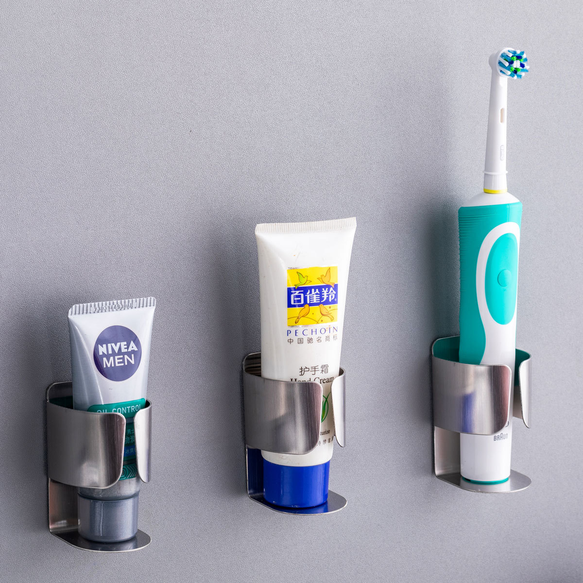 Stainless Steel Adhesive Electric Toothbrush Holder Wall Mounted Toothpaste Organizer 2 Pack