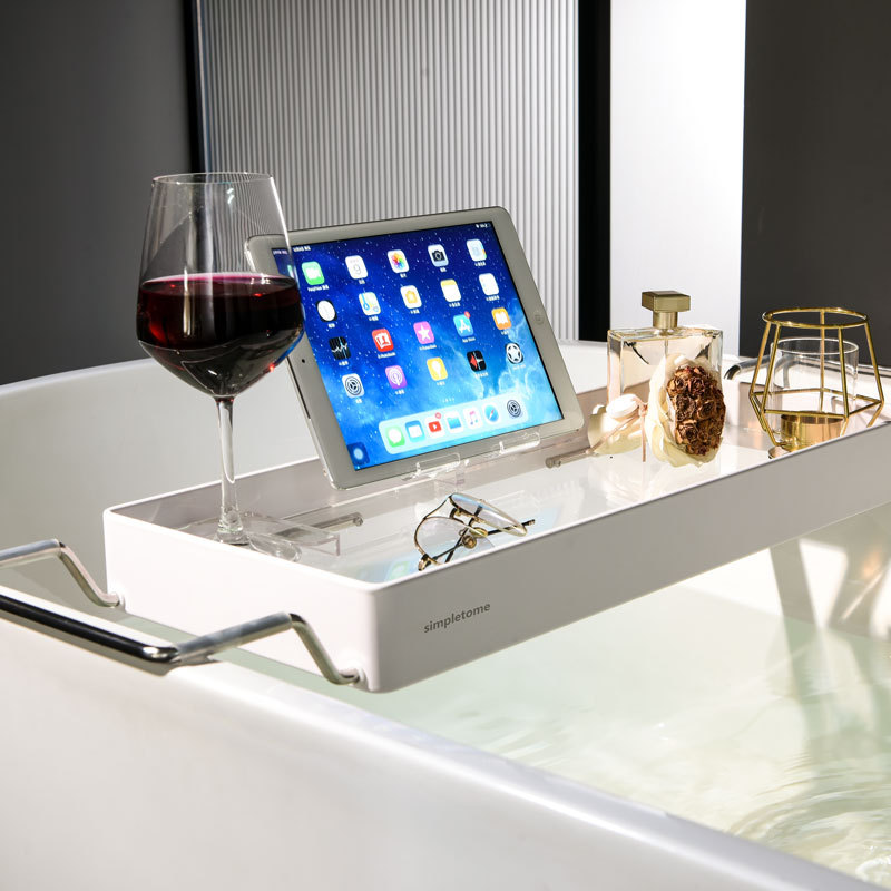 Bathtub Tray Expandable, Floating Clear Acrylic with Aluminum Alloy, Anti-slip