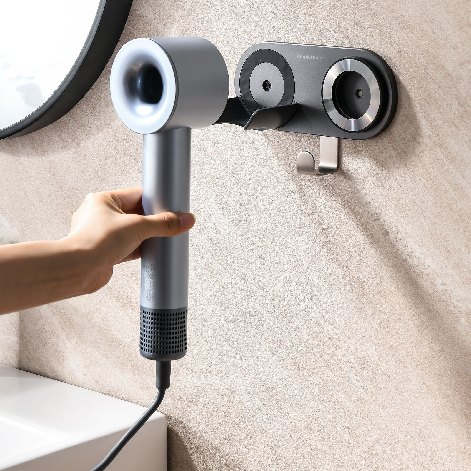 Universal Hair Dryer Holder Wall Mount for All Magnetic High Speed Blow Dryer with Plug Cord Organizer Hook