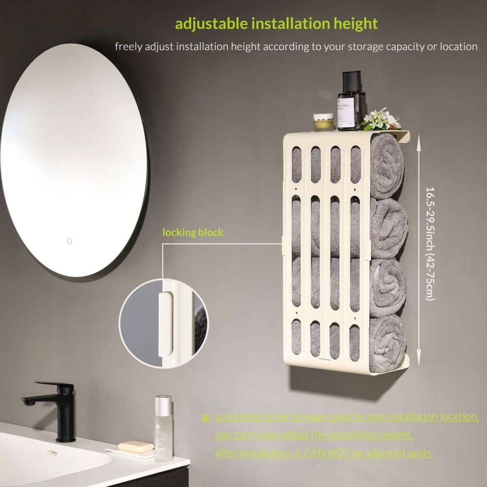 Towel Storage Rack Adjustable Height Wall Mount Bathroom Shelf
