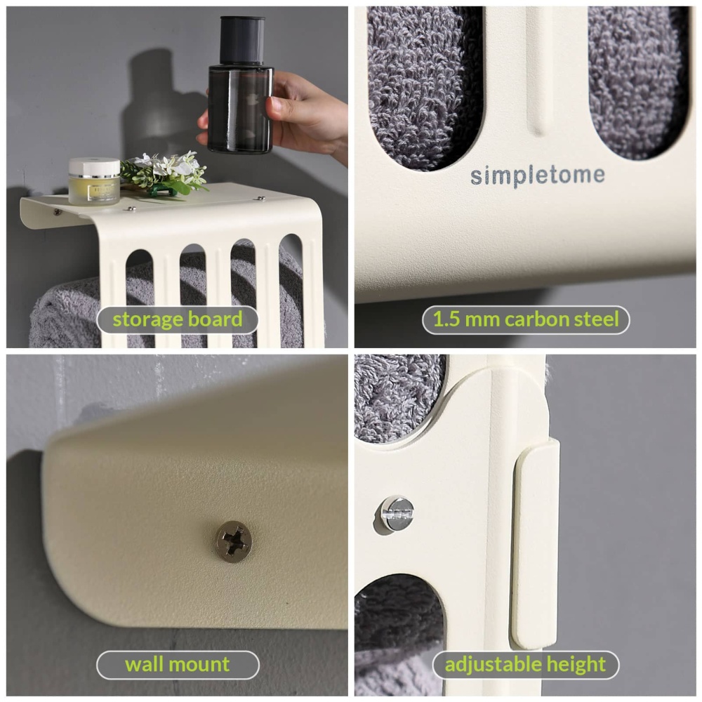 Towel Storage Rack Adjustable Height Wall Mount Bathroom Shelf