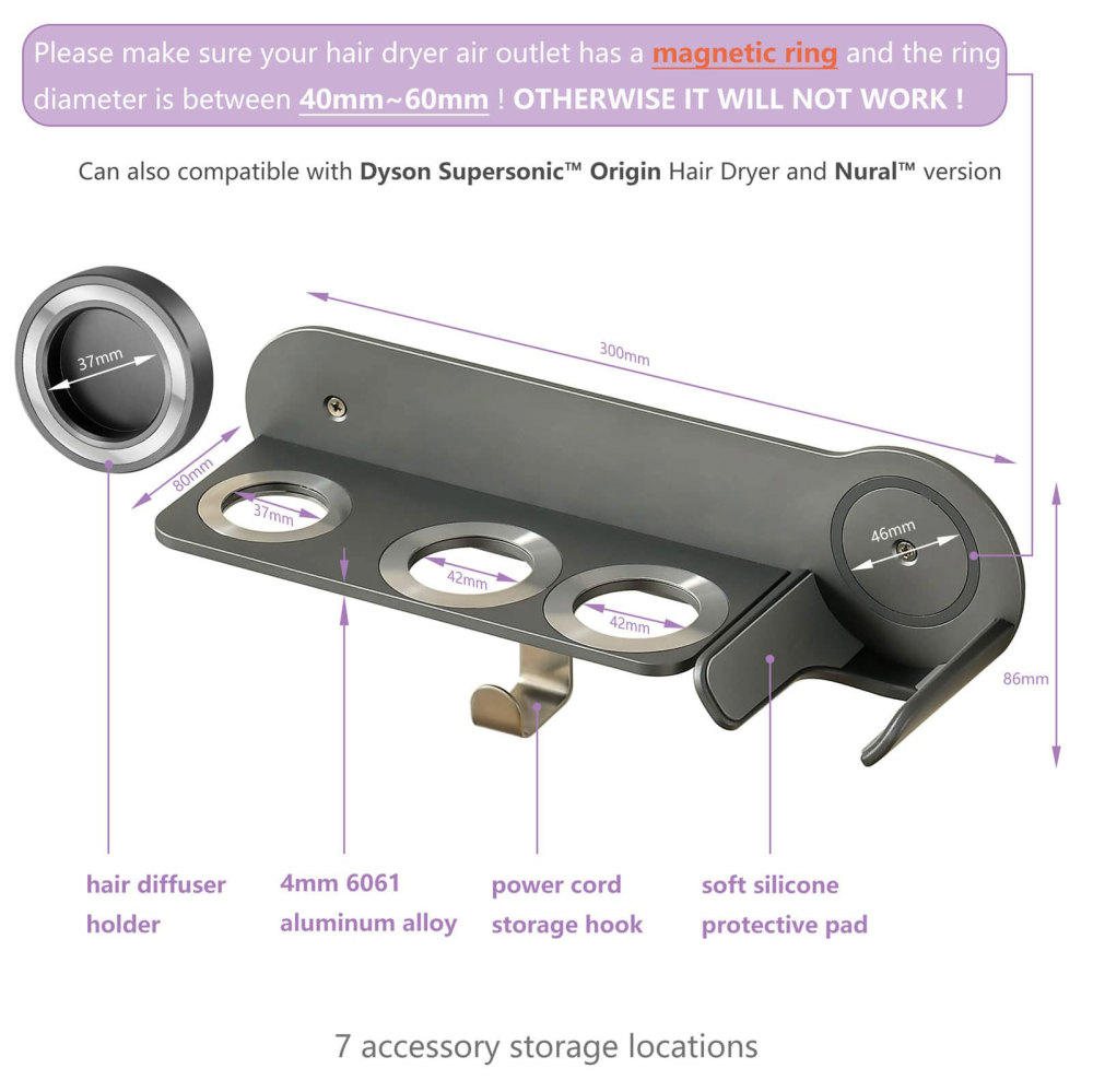 Magnetic Hair Dryer Holder Wall Mount for Most High Speed Blow Dryer
