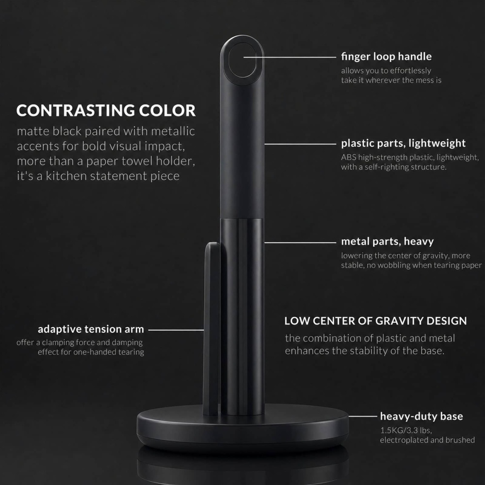 Tension Arm Paper Towel Holder Countertop ONE HAND simple TEAR