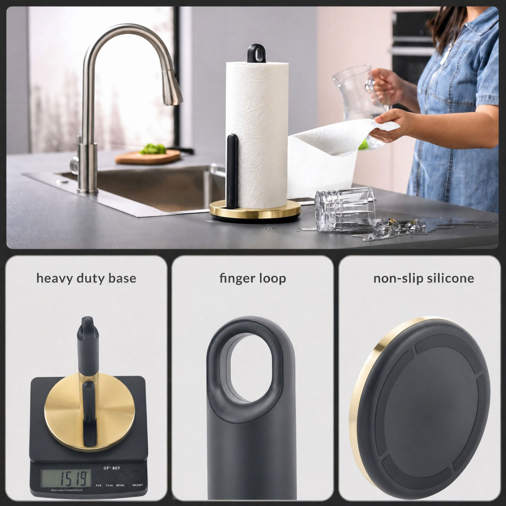 Tension Arm Paper Towel Holder Countertop ONE HAND simple TEAR