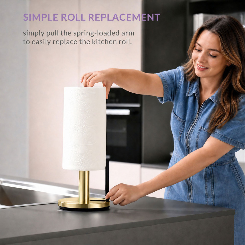 Tension Arm Paper Towel Holder Countertop ONE HAND simple TEAR