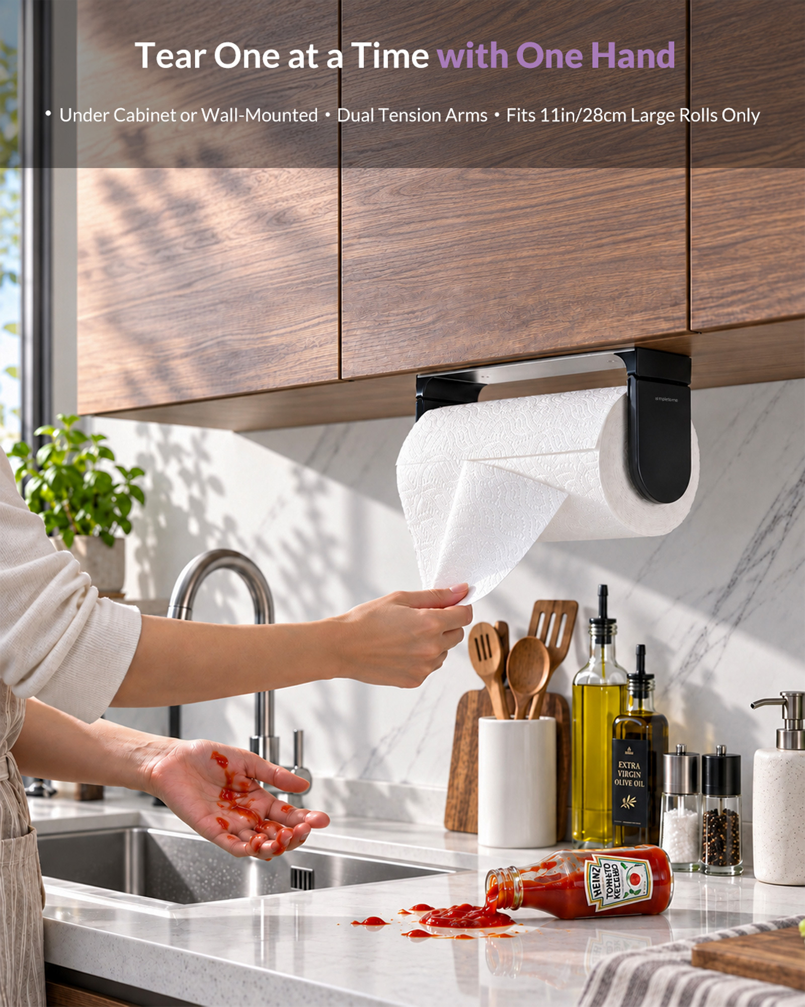 SimplyTear ONE HAND TEAR Paper Towel Holder Under Cabinet OR Wall Mount