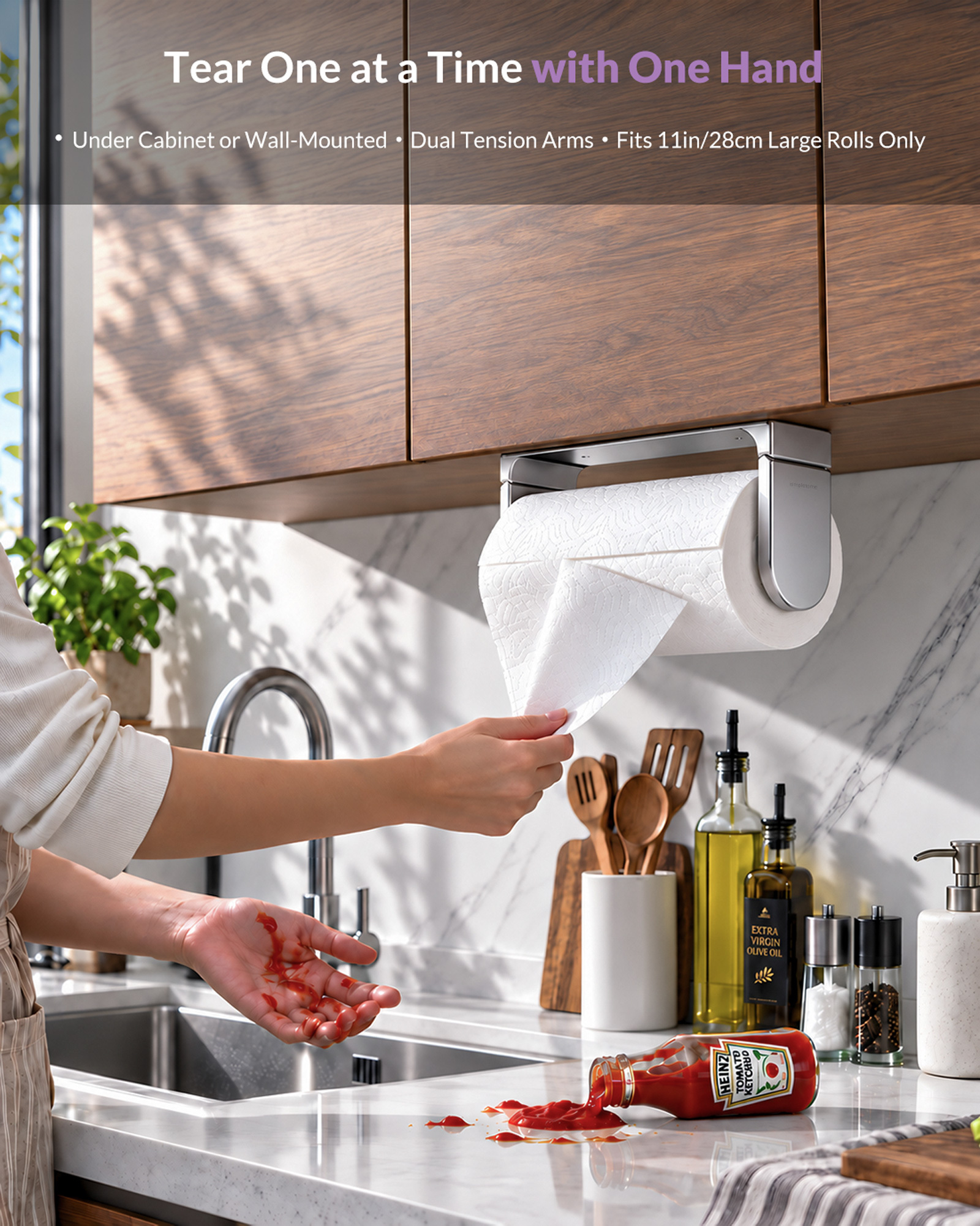 SimplyTear ONE HAND TEAR Paper Towel Holder Under Cabinet OR Wall Mount