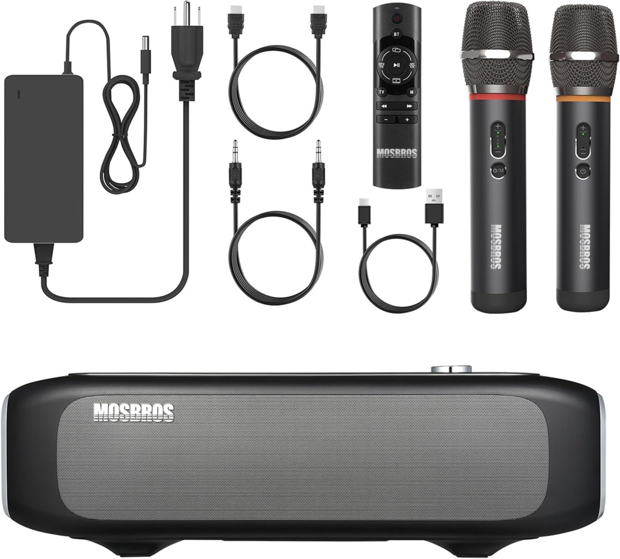 Mosbros Theater 70 Karaoke Machine with Two Micphones, 2.1 Channels, Subwoofer, Home Theater Audio Sound Bar for Smart TV