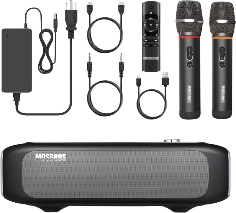 Mosbros Theater 70 Karaoke Machine with Two Micphones, 2.1 Channels, Subwoofer, Home Theater Audio Sound Bar for Smart TV