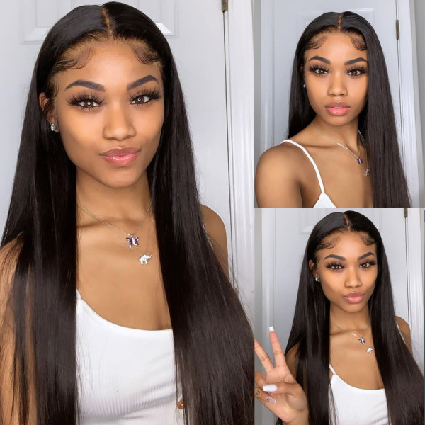 13x4 Lace Front Wigs Natural Color Straight Brazilian Virgin Human Hair Wigs Pre Plucked Hairline With Baby Hair (LFW004)
