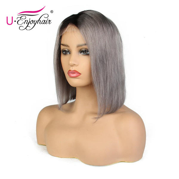 13X4 Lace Front Wigs 1B Grey Color Straight Bob Style Brazilian Virgin Human Hair Wigs Pre Plucked Hairline With Baby Hair (CLFW012)