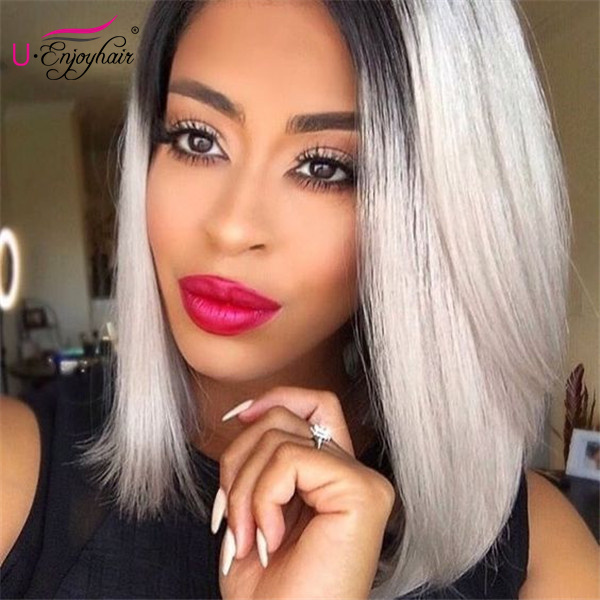 13X4 Lace Front Wigs 1B Grey Color Straight Bob Style Brazilian Virgin Human Hair Wigs Pre Plucked Hairline With Baby Hair (CLFW012)