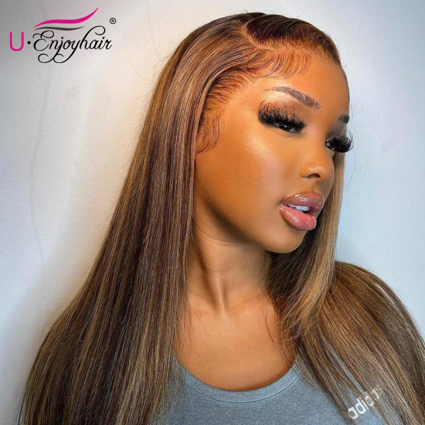 13x4 Lace Front Wigs Highlight Color Straight Brazilian Virgin Human Hair Wigs Pre Plucked Hairline With Baby Hair (CLFW027)