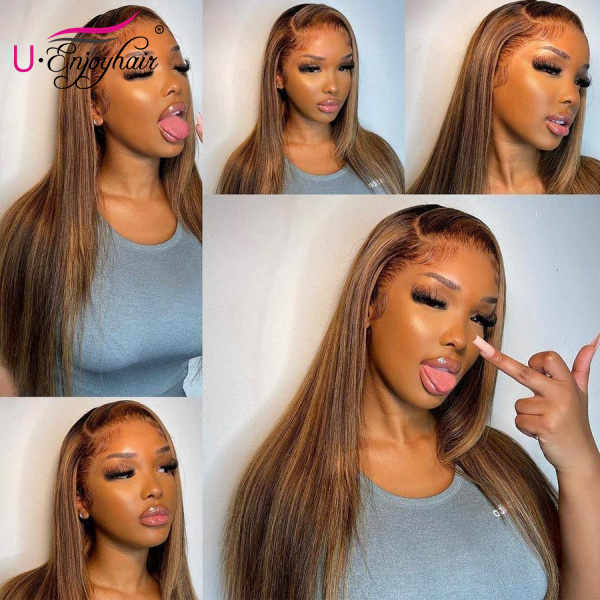 13x4 Lace Front Wigs Highlight Color Straight Brazilian Virgin Human Hair Wigs Pre Plucked Hairline With Baby Hair (CLFW027)