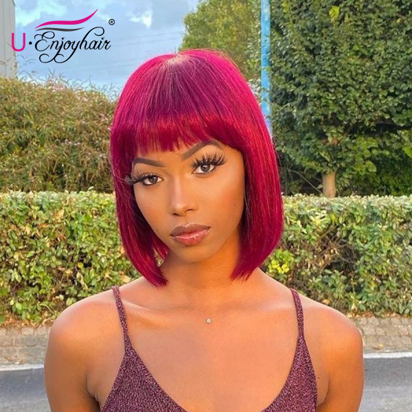 13x4 Lace Front Wigs Burgundy Color Straight Bob Style Brazilian Virgin Human Hair Wigs Pre Plucked Hairline With Bangs (CLFW032)