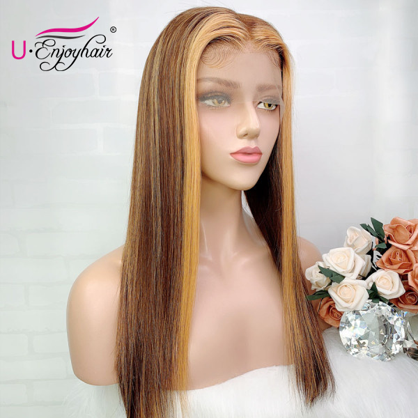 13x4 Lace Front Wigs Highlight Color Straight Brazilian Virgin Human Hair Wigs Pre Plucked Hairline With Baby Hair (CLFW023)