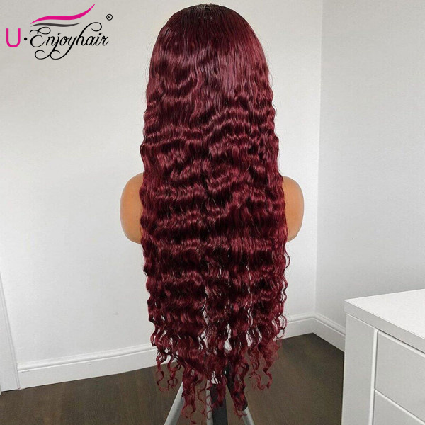 13x4 Lace Front Wigs Pure 99J Color Natural Wave Brazilian Virgin Human Hair Wigs Pre Plucked Hairline With Baby Hair (CLFW031)