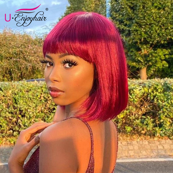 13x4 Lace Front Wigs Burgundy Color Straight Bob Style Brazilian Virgin Human Hair Wigs Pre Plucked Hairline With Bangs (CLFW032)